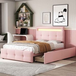 Einzelbett 90×200 Neu LED Bett Jugendbett Polsterbett Bettgestell